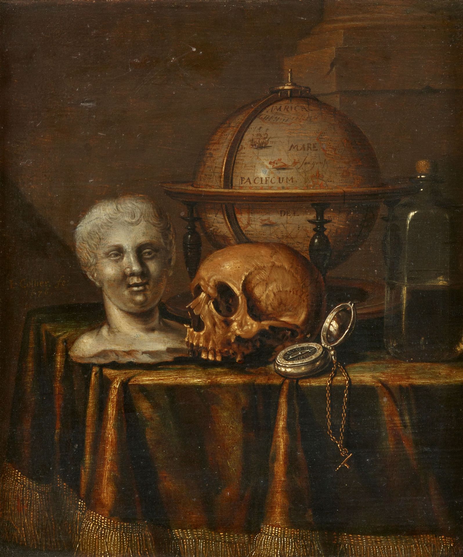 Edwaert Collier, Vanitas Still Life with a Skull, Bust, Clock, Globe and Bottle