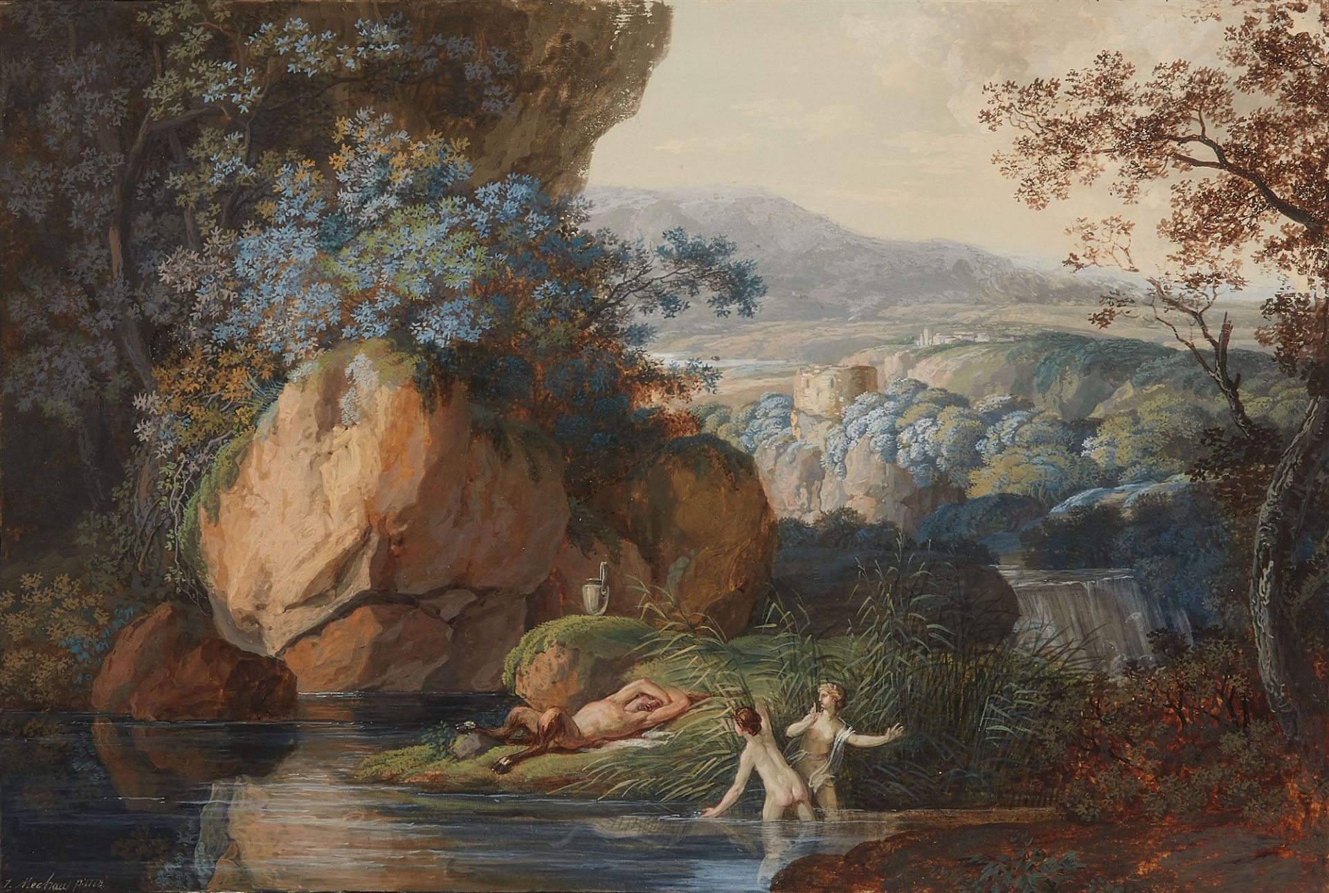 Jacob Wilhelm Mechau, Südliche Landschaft mit schlafendem Faun und zwei Badenden