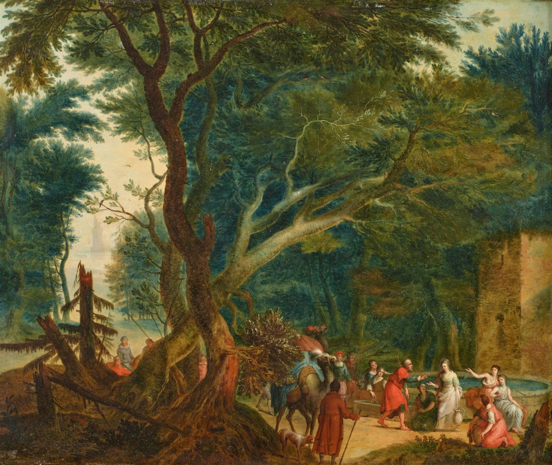 Adriaen van Stalbemt, Rebekka und Elieser am Brunnen in waldiger Landschaft