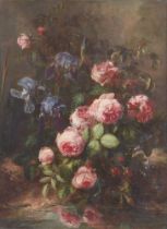 Jules Antoine Pelletier, Rosafarbene Rosen und blaue Irisblüten