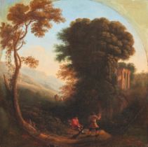 Jan Asselijn, zugeschrieben, Südliche Landschaft mit zwei Jägern und antiker Tempelruine