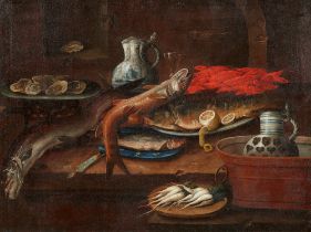 Hendrick Andriessen, zugeschrieben, Stillleben mit Fischen, Meeresfrüchten, Tonkrügen und einer Scha