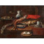 Hendrick Andriessen, attributed to, Still life with fish, seafood, clay jugs and a bowl of white tur