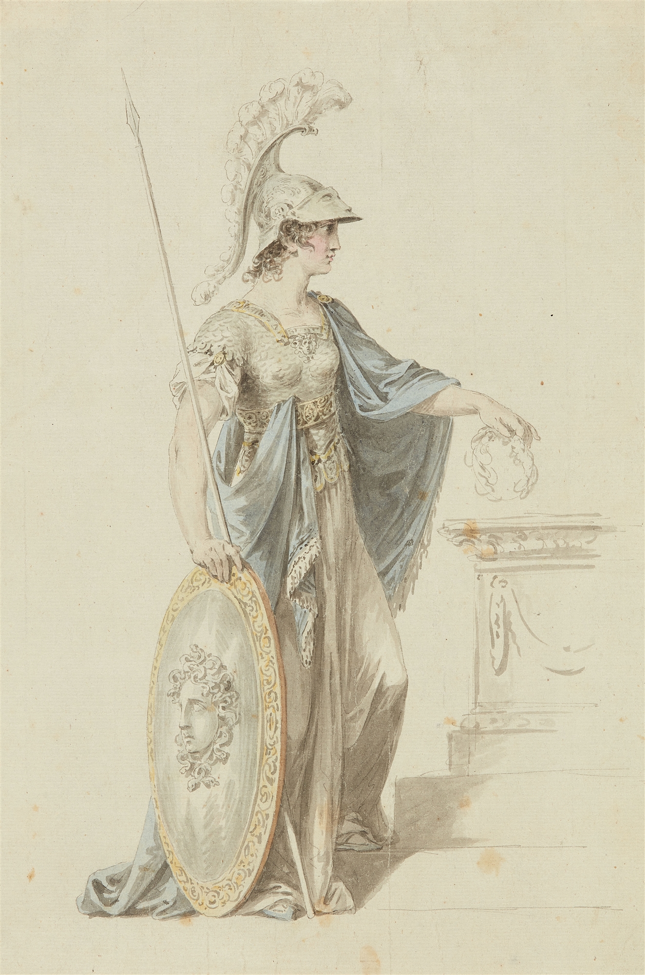 German Artist around 1800, Athena with Sword, Spear and Laurel Wreath