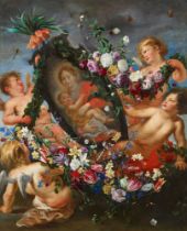 Daniel Seghers, Cornelius Schut, Das Bildnis der Maria mit Kind, getragen von Cherubim und geschmück