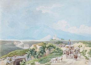 Friedrich Simmler, Eselreiter mit Ziegenherde auf der Via Nomentana, im Hintergrund der Monte Gennar
