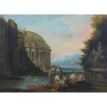 French School 18th century, Capriccio with Figures Bathing