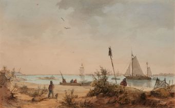 Andreas Achenbach, Küstenlandschaft mit Fischern und Segelschiffen in der Ferne