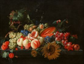 Cornelis de Heem, Stillleben mit Pfirsichen und Kirschen auf einer Silberplatte mit anderen Früchten