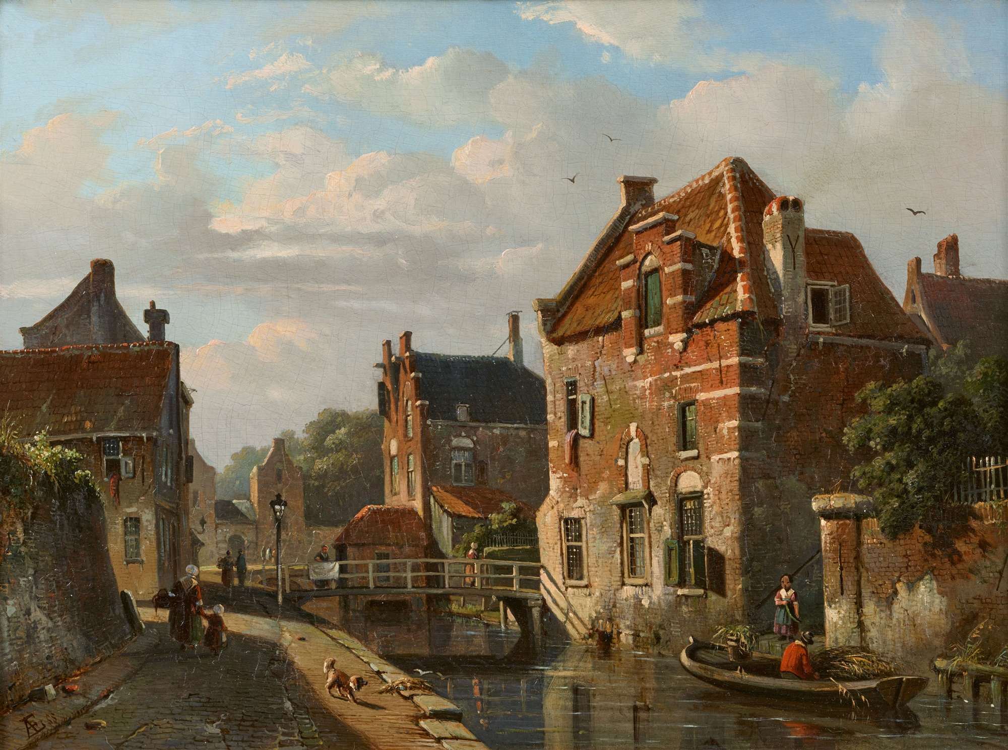 Adrianus Eversen, Pair of paintings: Summer View of a Town with a Haywain and Figures, Dutch Canal S - Image 2 of 2