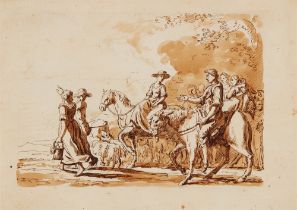 Johann Heinrich Tischbein D. J., Umkreis, Reitendes Paar vor Hirtenfamilie mit Schafen