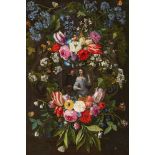 Jan van Kessel d. Ä., Hieronymus Janssens, Blumengirlande mit einem eleganten Paar in der Mitte