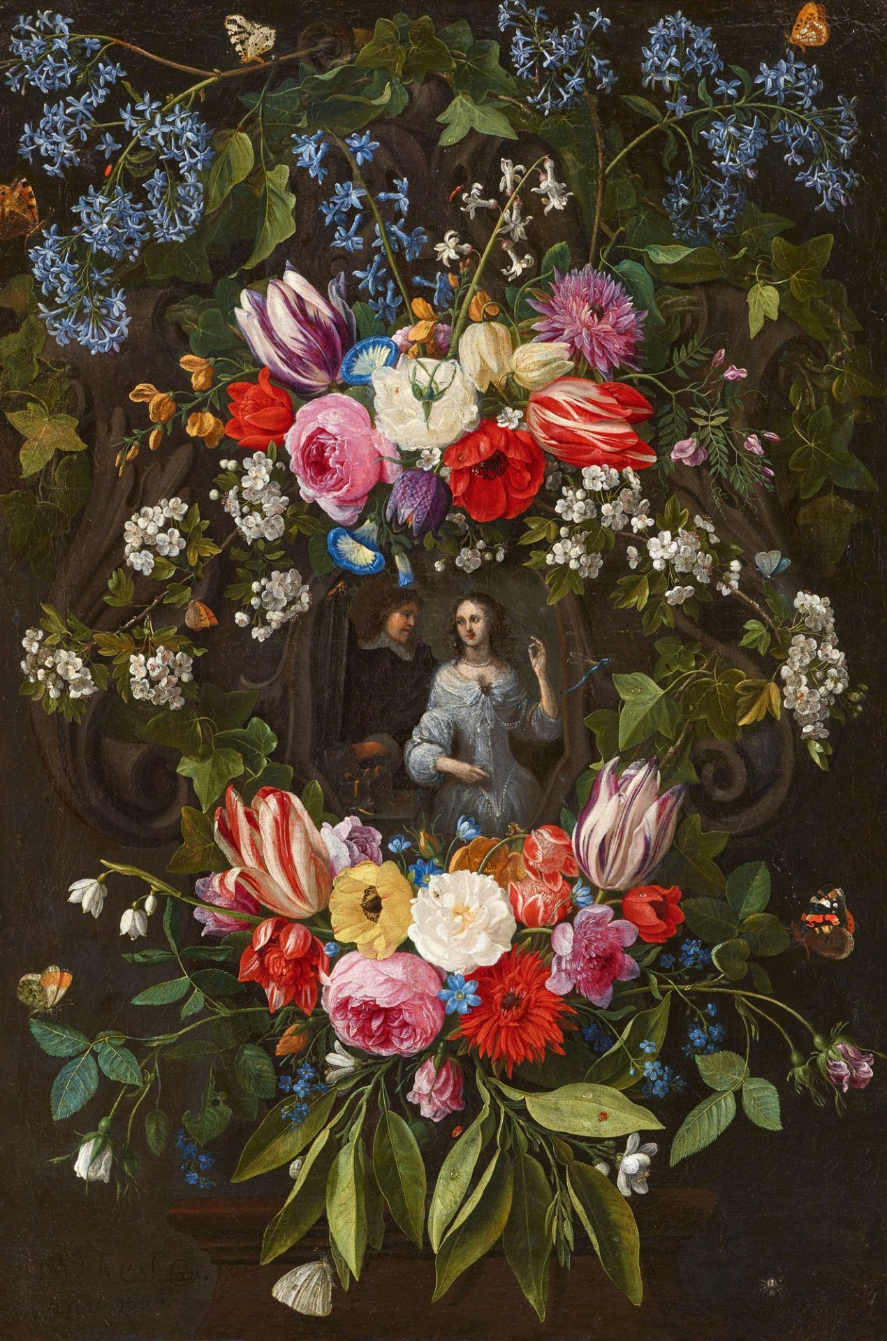 Jan van Kessel the Elder, Hieronymus Janssens, Floral Garland with an Elegant Couple