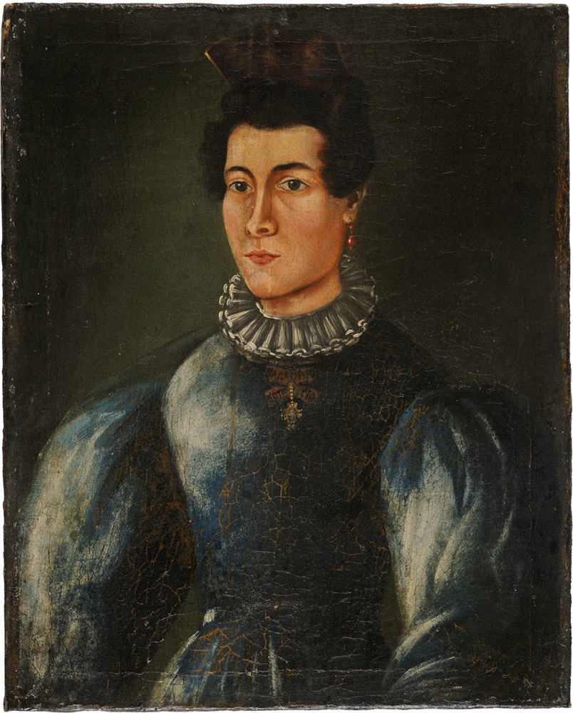 Oil on canvas depicting a Lady in a blue dress wearing the St. Catherine the Great Martyr order