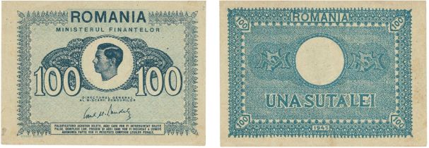 1945, 1947 N.D. ISSUE, 100 Lei (1945), dark blue