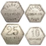 Lot of 2 Hexagonal Coins, 25 Centimes and 10 Centimes 1920