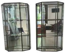 Pair of Brass Glass and Mirrored Wall Cabinets