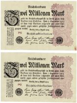 Lot of 2 Banknotes. 2 Milionen Mark 09.08.1923