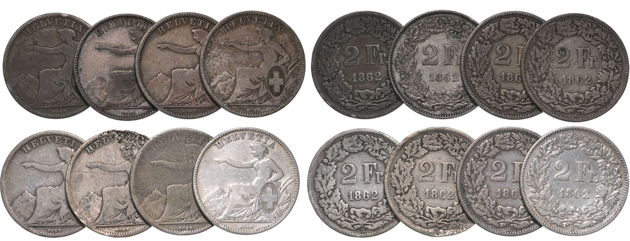 2 Francs 1862, Lot of 8 Coins
