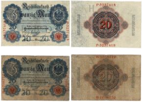 Lot of 2 Banknotes. 20 Mark 21.04.1910 and 19.02.1914