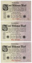 Lot of 3 Banknotes. 2 Milionen Mark 09.08.1923