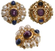 European Baroc Broach, Gold, Star-Ruby, Diamonds, Sapfirs and South-See Pearls