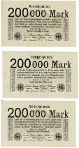 Lot of 3 Banknotes. 200`000 Mark 09.08.1923