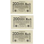 Lot of 3 Banknotes. 200`000 Mark 09.08.1923