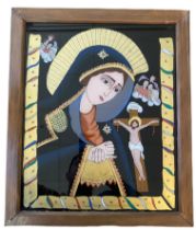 Polychrome glass painting about the Virgin Mary before Christ suffering on the cross