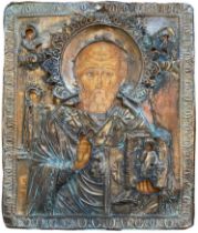 Polychrome rectangular icon on panel and silver oklad