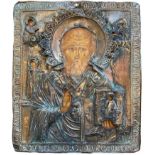 Polychrome rectangular icon on panel and silver oklad