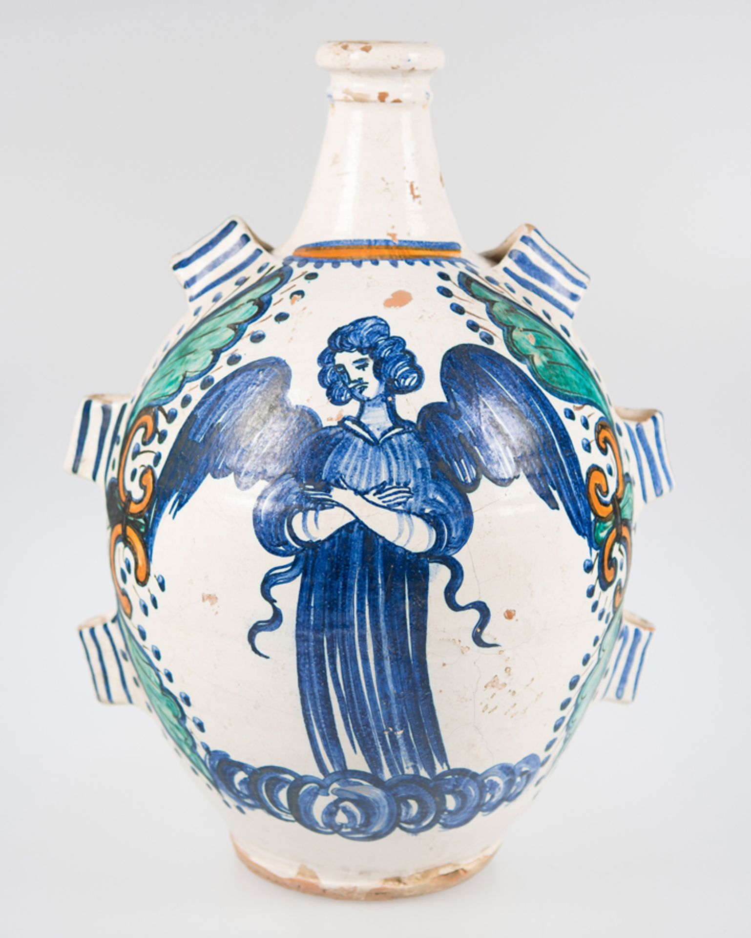 Large bottle in polychrome ceramic. Italian atelier. Dated 1694.