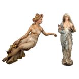 Pair of sculptures in carved and polychrome wood. Art Nouveau. Circa 1900.