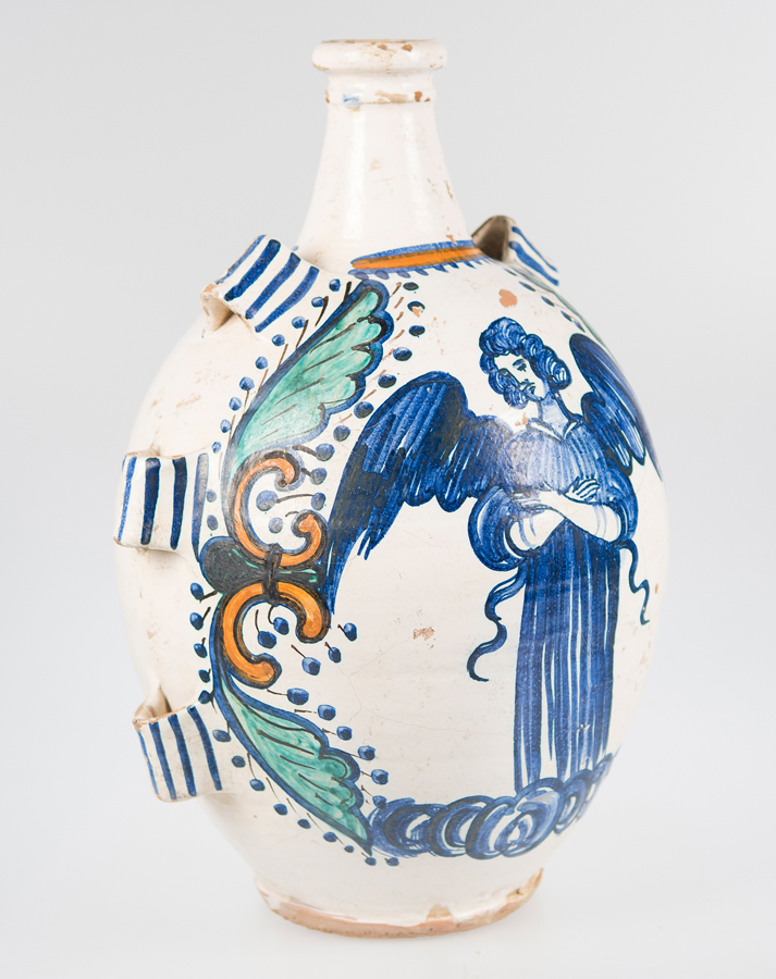 Large bottle in polychrome ceramic. Italian atelier. Dated 1694. - Image 2 of 4