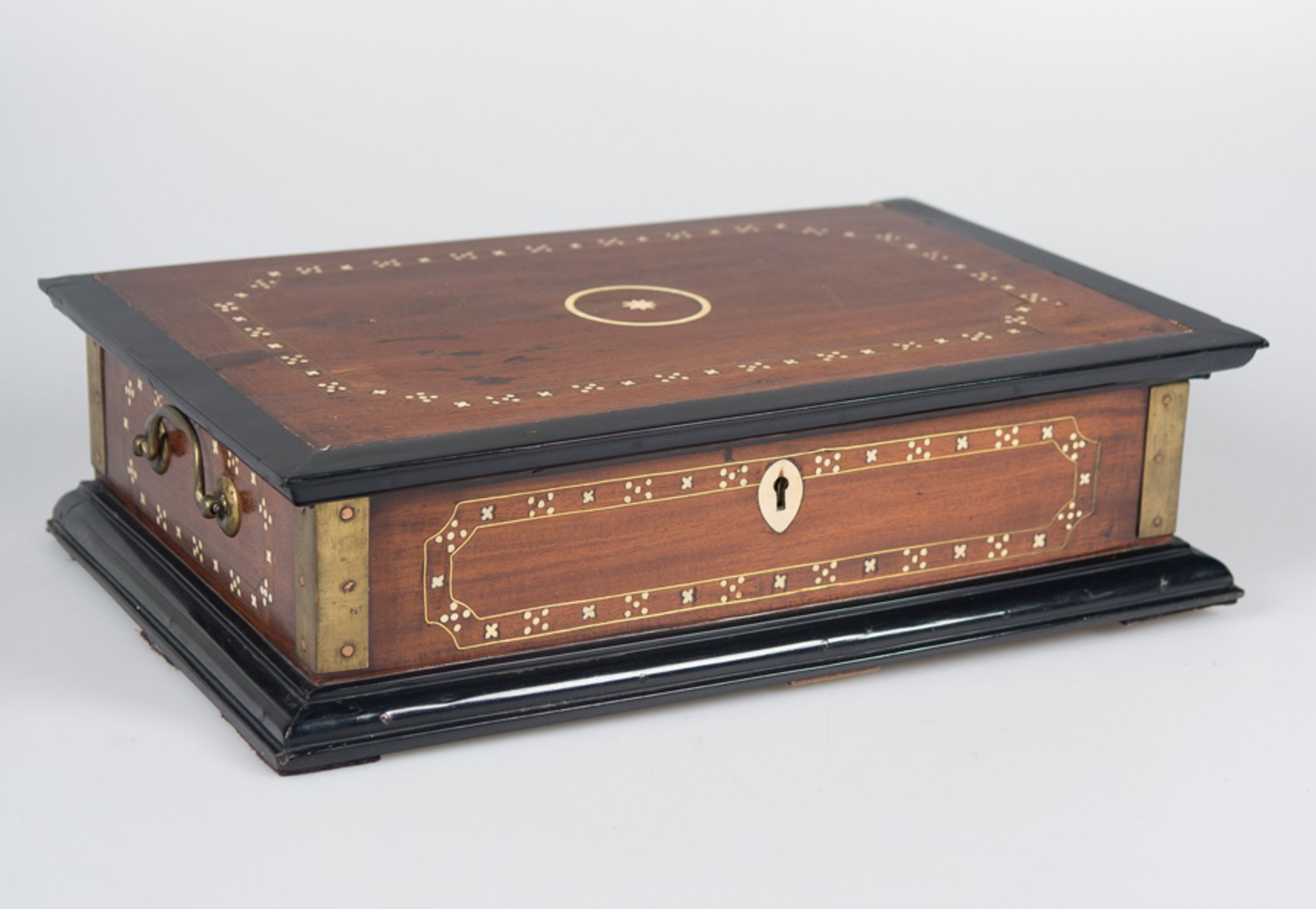 An Anglo-Indian brass-mounted padouk, ebony and bone box, Ceylon, second half of the 18th century.