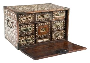 Mughal cabinet in rosewood with engraved bone inlay and polychrome bonewith gilt brass hardware.