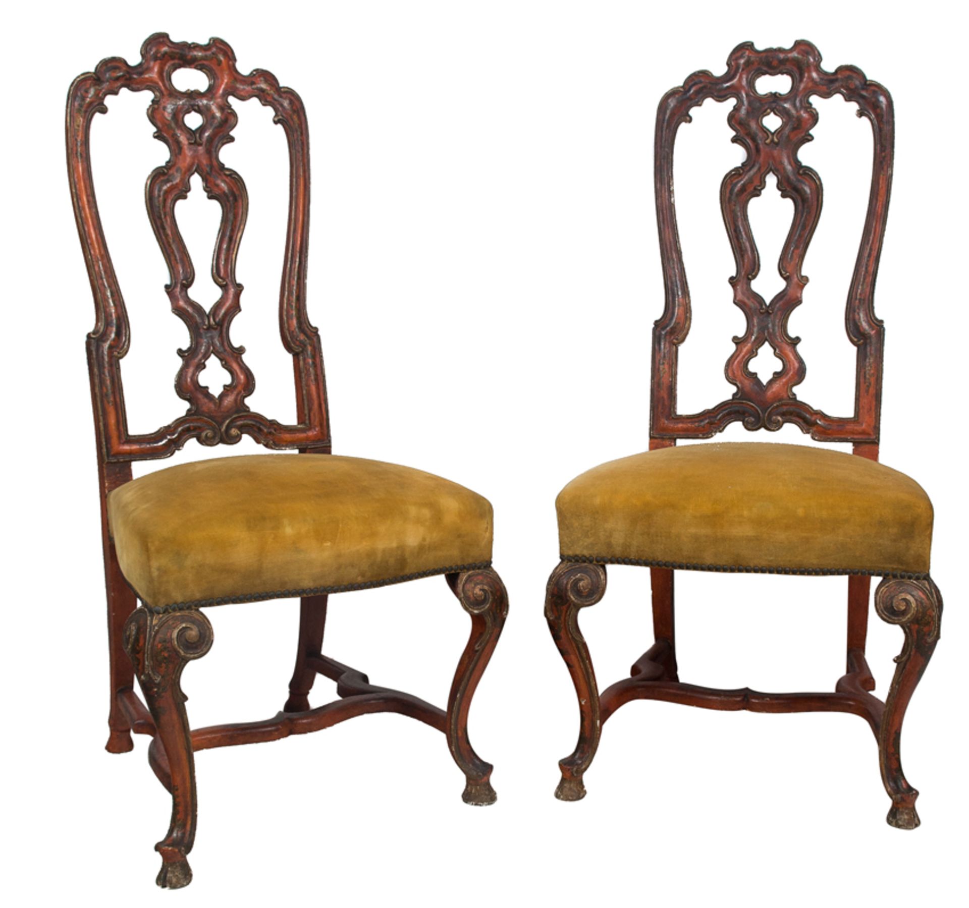 Pair of chairs in carved and polychrome wood. Possibly England. Late 18th century.