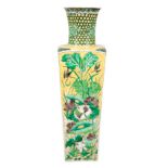 Square section vase in polychrome enameled porcelain in the style of the green family with lotus flo