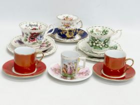 A collection of tea cups and saucers. A Hammersley & Co gilt and flower motif pattern (damaged) a