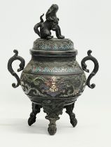 A large late 19th century Japanese Meiji Period bronze censer with enamel and Foo Dog decoration.