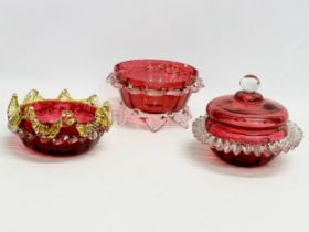3 Victorian Ruby Glass bowls. 15x8cm