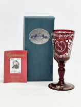 A vintage Egermann etched Ruby wine glass with box. 17.5cm