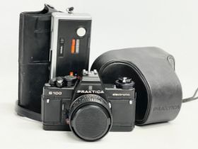 A vintage Praktica B-100 Electronic camera with case and. Minolta Autopak 460T with case.