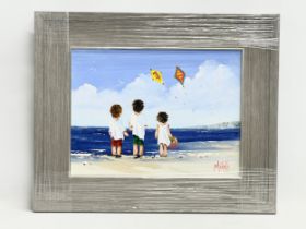 An oil painting on board by Michelle Carlin. Kites by the seaside. I’m a new frame. 40x30cm. Frame