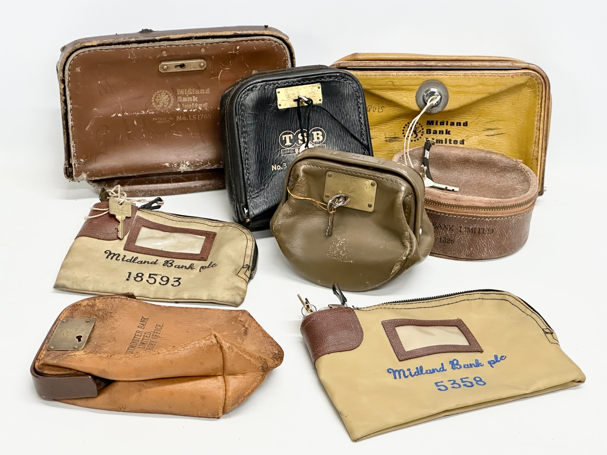 8 vintage Midland Bank and Westminster Bank leather safe bags.