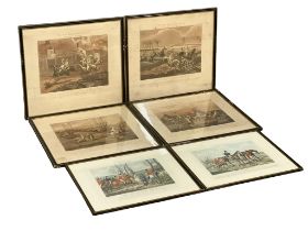 2 sets of late 19th century engravings. 4 The First Steeple Chase on Record 55x48cm. 2 Hunting 50.
