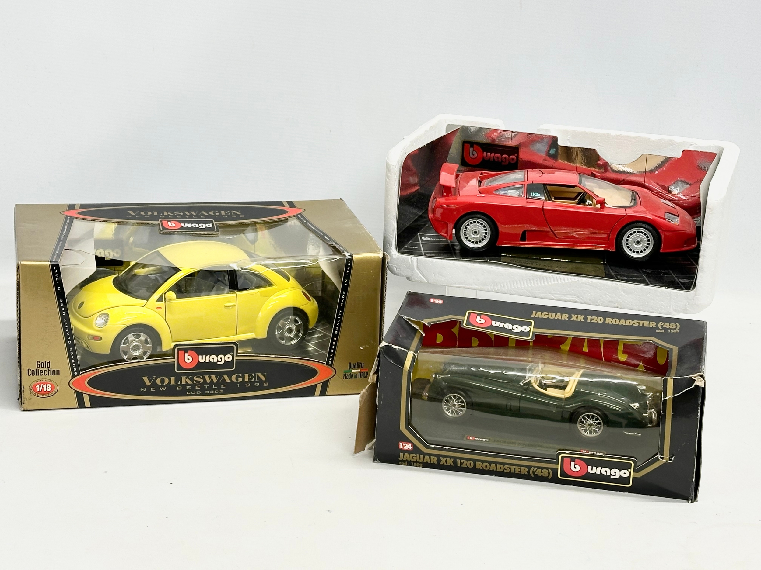 3 large Burago model cars in boxes. A Gold Collection Burago Volkswagen New Beatle 1998, 1/18