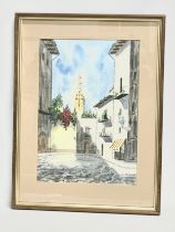 A watercolour of a Spanish street scene. By S. Villalva. 33.5x48cm. Frame 49.5x65.5cm