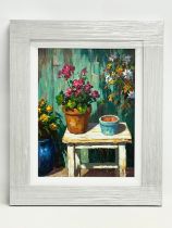 A Still Life oil painting on board by Donal McNaughton in new frame. 29x39cm. Frame 46x56cm.