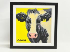 An oil painting on board by Ron Keefer. The Cow in Yellow. 29.5x29.5cm. Frame 38x38.5cm